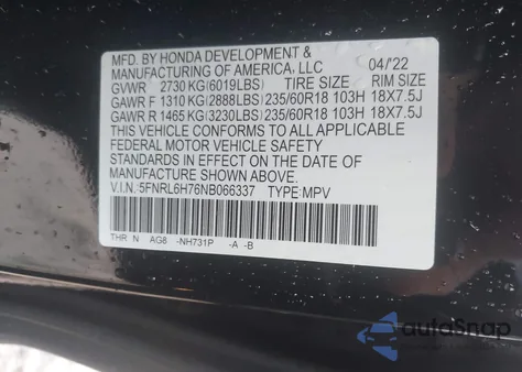 2022 Honda Odyssey Ex-L z USA, uszkodzony, nr VIN 5FNRL6H76NB066337